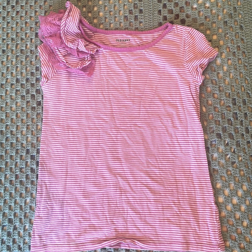 Old Navy Pink & White Stripped Shirt with Lace Ruffles